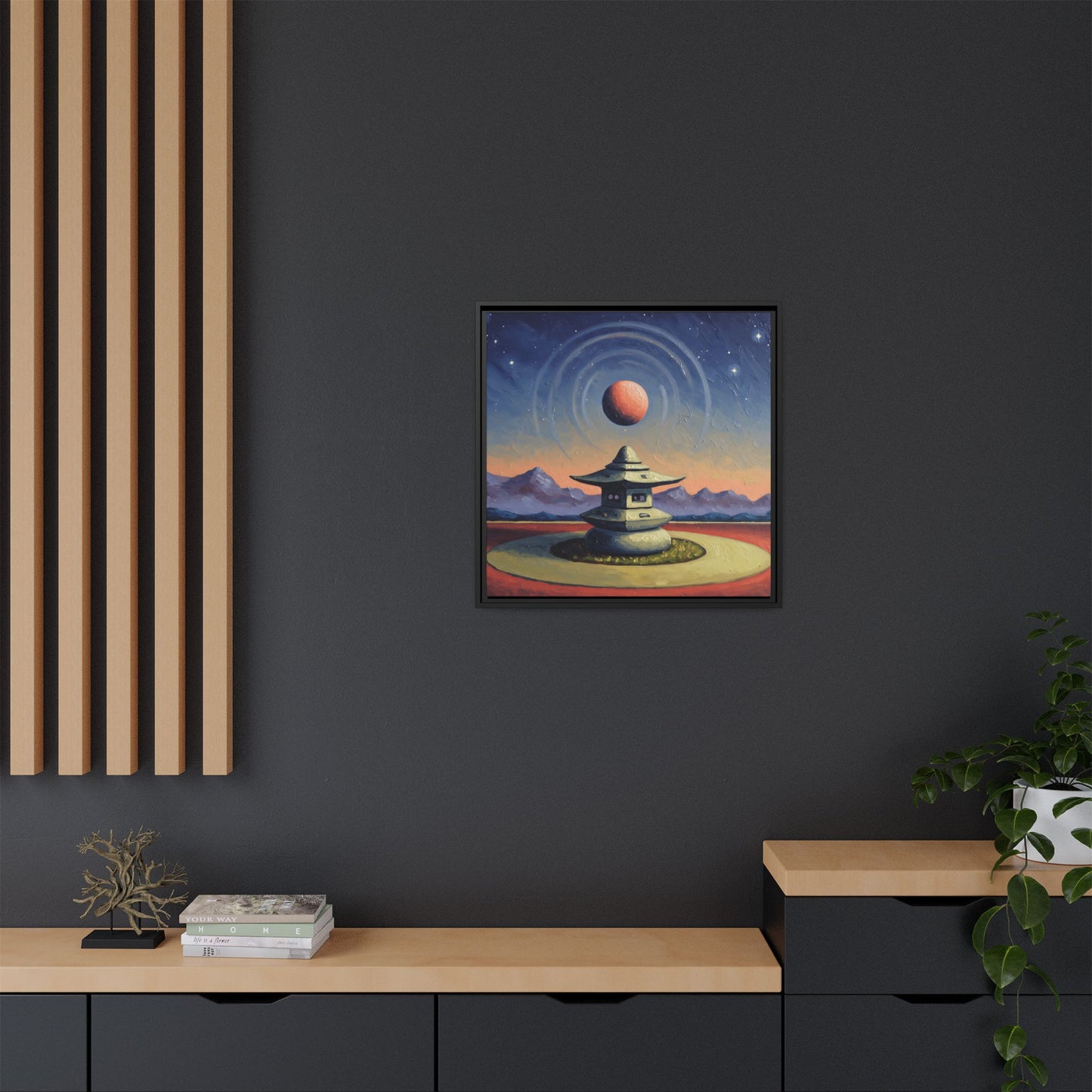 GG#1 - "Temple of the Red Moon" | Zen Landscape Wall Art, Tranquil Home Decor, Meditation Room Art Framed Canvas