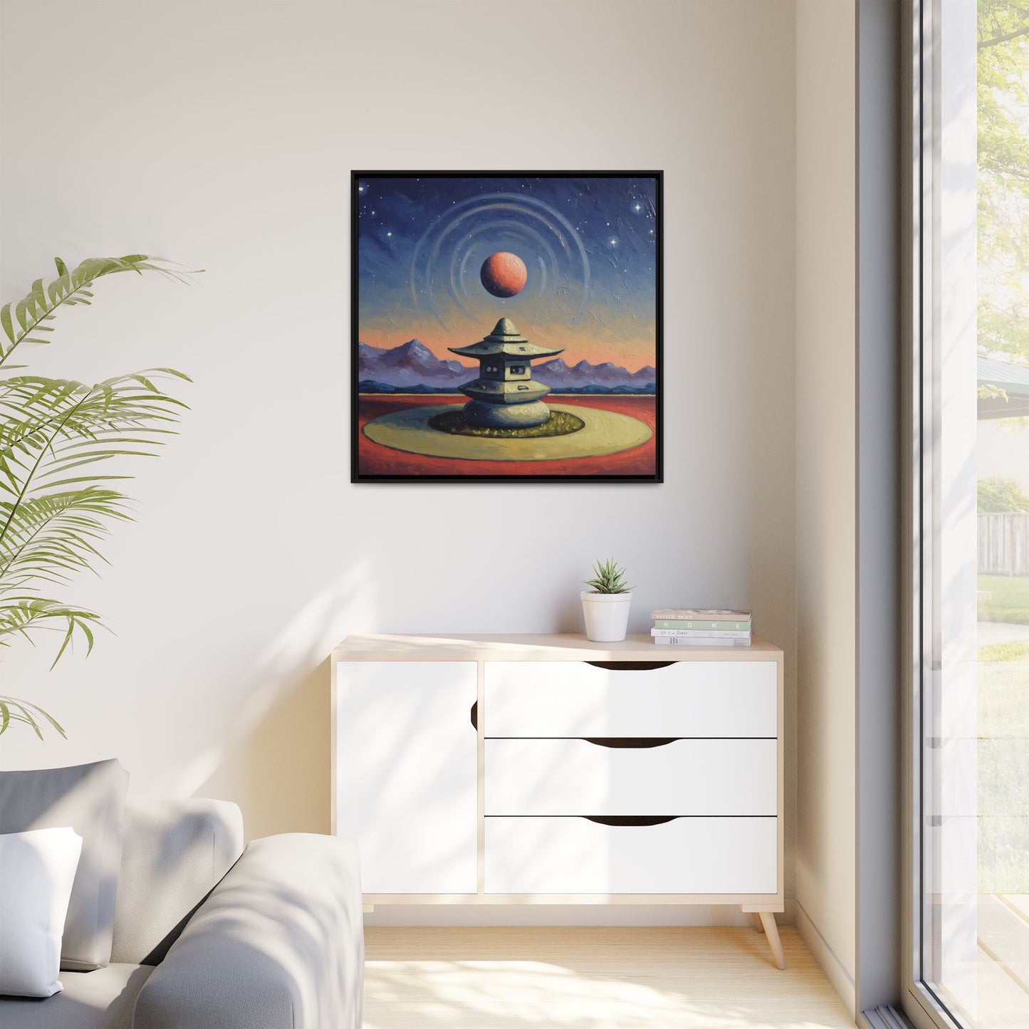 GG#1 - "Temple of the Red Moon" | Zen Landscape Wall Art, Tranquil Home Decor, Meditation Room Art Framed Canvas