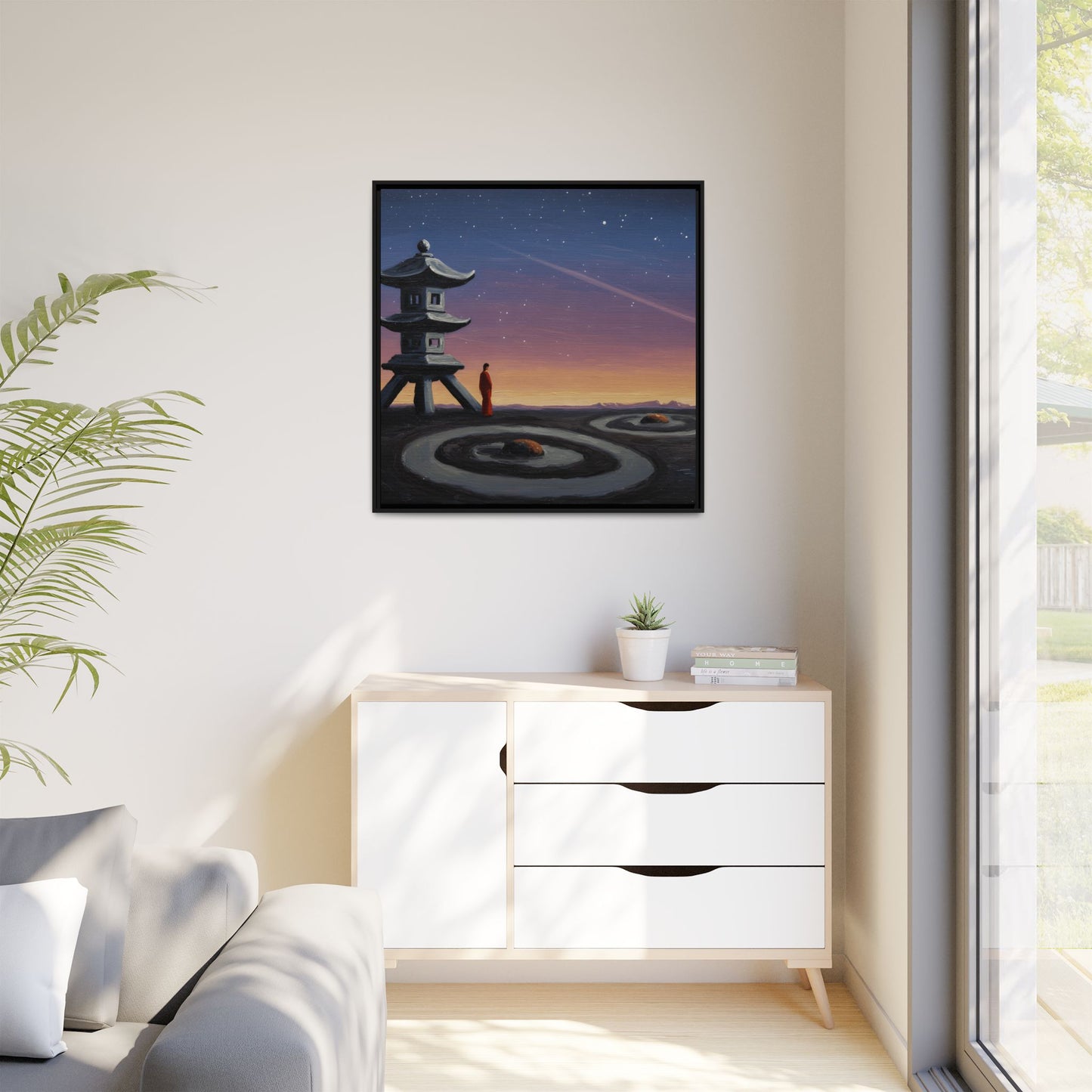 GG#2 - "Orbit of the Silent Monk" | Zen Landscape Framed Canvas Art, Tranquil Home Decor, Asian Art Wall Hanging, Meditation Room or Gift