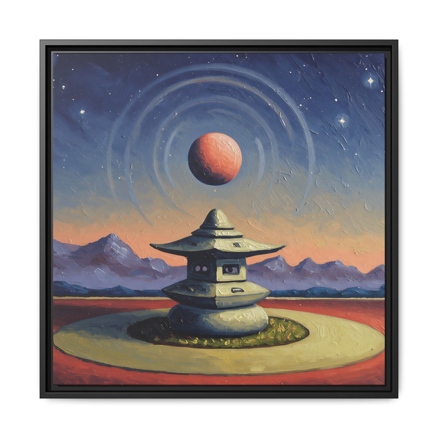 GG#1 - "Temple of the Red Moon" | Zen Landscape Wall Art, Tranquil Home Decor, Meditation Room Art Framed Canvas