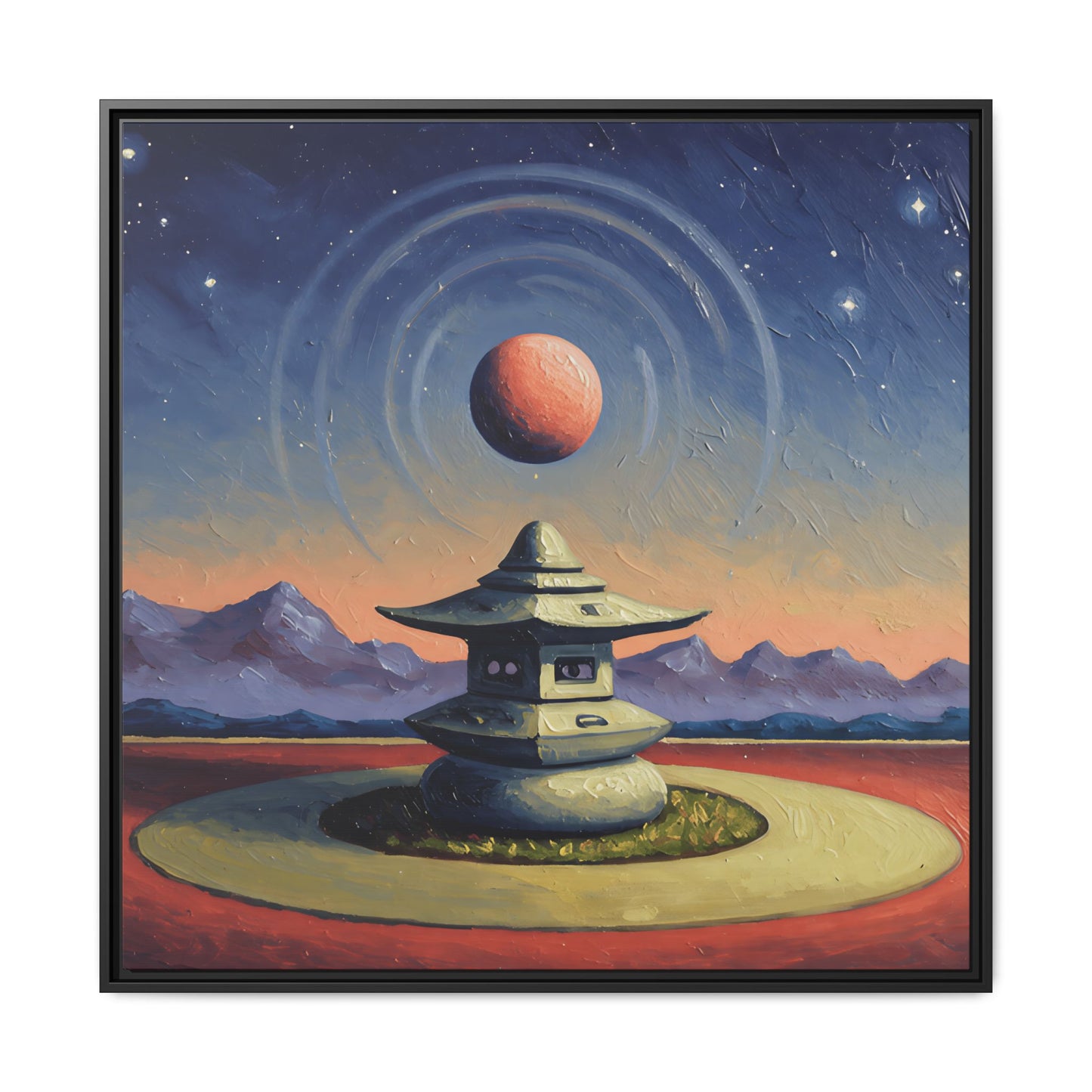 GG#1 - "Temple of the Red Moon" | Zen Landscape Wall Art, Tranquil Home Decor, Meditation Room Art Framed Canvas