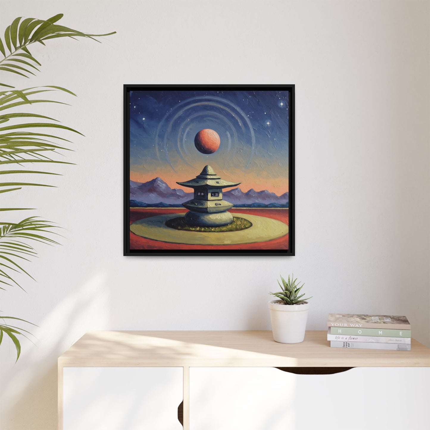 GG#1 - "Temple of the Red Moon" | Zen Landscape Wall Art, Tranquil Home Decor, Meditation Room Art Framed Canvas